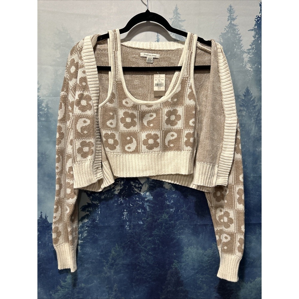 American Eagle Sweater Set Yin & Yang Beige And Cream Cropped Cardigan Size S